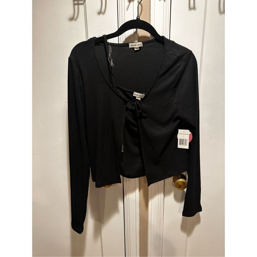 Derek Heart NWT Black Cropped Open Sweater Tie Front With matching Tank Large